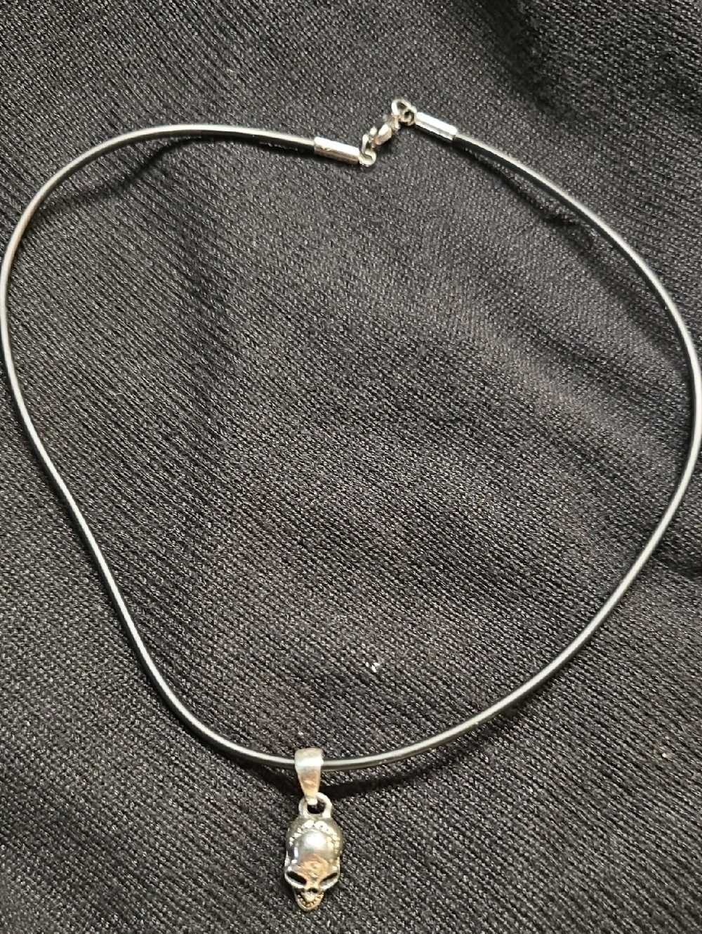 Black Leather Cord Necklace with Silver Skull Pendant